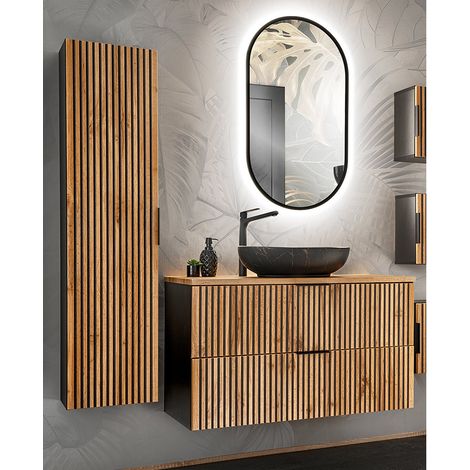Badezimmer Set mit Waschtisch 100 cm, Aufsatzwaschbecken XANTEN-56 in anthrazit mit Eiche Nb. schwarz gerillt, B/H/T: ca. 150/200/46,5 cm (1/5)