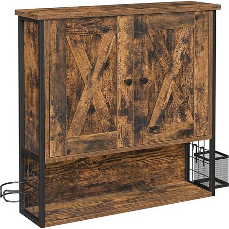 Armario de pared mueble de baño armario de 2 puertas con estante ajustable soporte para secador recipiente estilo industrial marrón rústico y negro 120002743 (1/2)