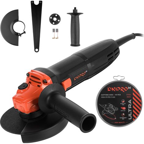 Smerigliatrice angolare da 980 W con disco da 125 mm + 10 dischi da taglio Dnipro-M. Velocità 11000 giri/min. Compatta, leggera, comandi ergonomici. GS-98 (1/5)