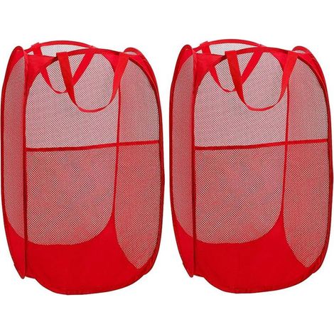 Panier à Linge [Lot de 2] Corbeilles à Linge Pliable Pop Up en Maille Filet Sac à Linge Panier à Linge Pliable avec ManiPôler, Rouge-Fei Yu (1/3)