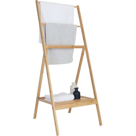 Relaxdays Toallero de bambú, plegable, con estante, 3 barras, 112 x 55 x 44,5 cm, soporte para toallas, color natural