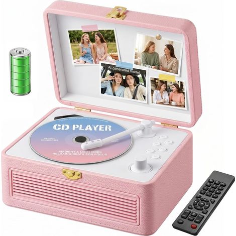 Portable Leather CD Player with 3600mAh Rechargeable Bluetooth Speakers for Home Decoration, Festival Gift Retro Suitcase Design with Remote Control USB AUX (Pink) (1/5)