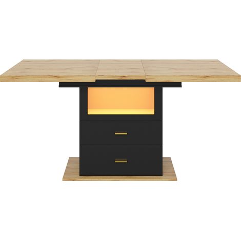 Table à manger extensible 110-140 x 80 x 75 cm avec LED et tiroirs, MDF et métal, noir et bois (1/5)