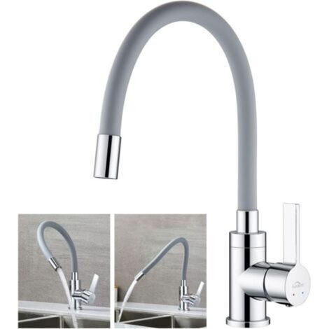 Robinet Cuisine Flexible, Mitigeur Cuisine Pivotant à 360°, Robinet de Cuisine avec Tuyau en Silicone Flexible, Robinet Evier à Eau Chaude et Froide (Gris)