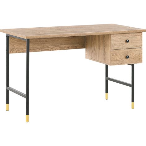 Escritorio de madera clara tablero de fibra 2 cajones patas de metal negro 120 x 60 cm oficina en casa retro Abilen