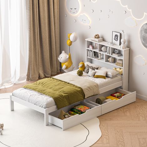 Einzelbetten 90x200cm mit 2 Schubladen, Kopfteil mit Bücherregal, Lattenrost, Massivholzbett, Jungenbett, Mädchenbett, Jugendbett, Weiß (1/5)