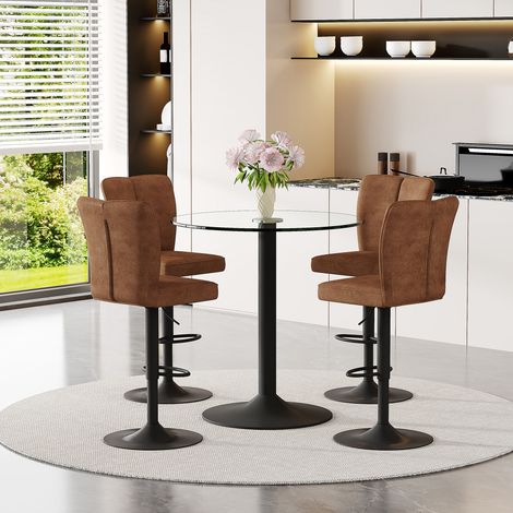 Ensemble bar table verre 89 cm + 4 tabourets pivotants marron. Structure métal noir confortable,idéal pour aménager son bar privé. (1/5)