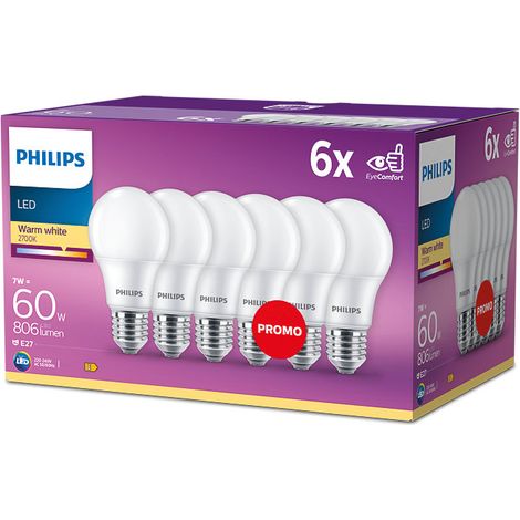 Lot de 6 ampoules LED 7W (60W) E27 2700K chaud 806lm Philips (1/2)