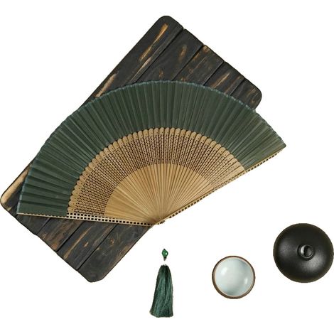 Ventaglio pieghevole, design elegante, portatile e leggero, verde scuro (1/2)