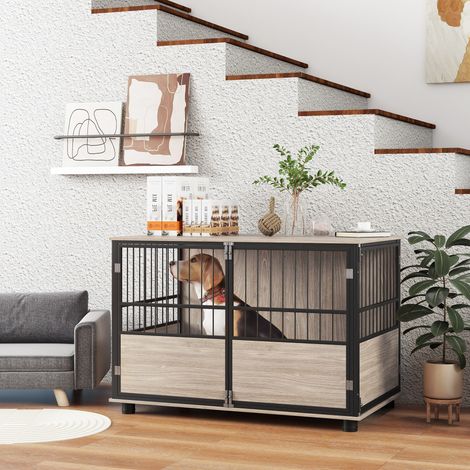 Cage pour chien intérieur. table d'appoint. 100 x 60 x 68 cm. niche. 3 portes verrouillables.  aspect bois noir