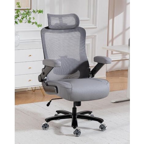 Chaise de bureau ergonomique, soutien lombaire, appui-tête et hauteur réglables, dossier maille inclinable, accoudoirs pliables, capacité 350 kg, gris (1/5)