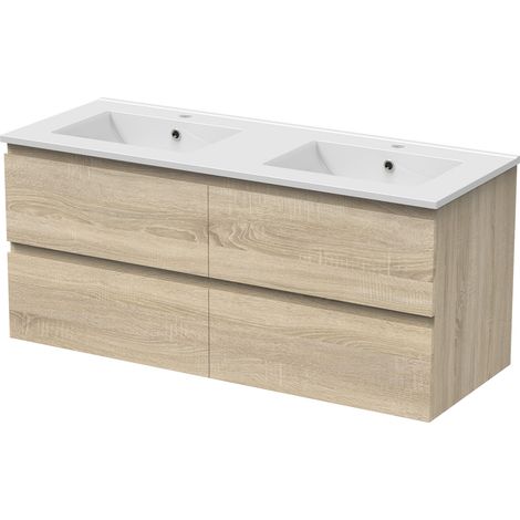 Aica Sanitaire – Meuble bas de salle de bain suspendu chêne 120cm – 4 tiroirs – Panneau composite – Montage facile avec vis et fixations incluses