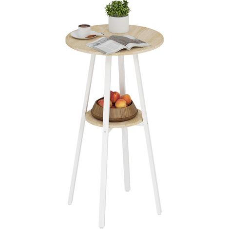 Table haute Rosvier ronde avec rangement bois naturel blanc (1/5)