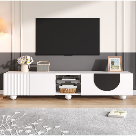 Mueble TV 180 x 40 x 41,5 cm con almacenaje y apertura push-to-open, blanco y negro DESVIAE (1/5)