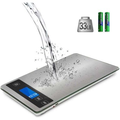 Electronic Kitchen Scale, 1g Precision Digital Food Scale in Stainless Steel, 15kg/33lb Capacity, Large 23 x 16 cm Platform, Backlit LCD Screen, Tempered Glass