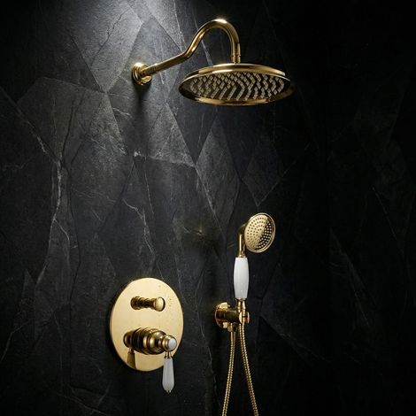 Système de douche encastré en or mélangeur monocommande Nostalgie style rétro ensemble douche 25cm