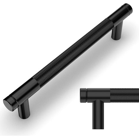 Set aus 2 matten, gerändelten, schwarzen Möbelgriffen, 192 mm, für Küchenschubladen und -schränke