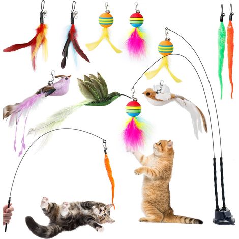 12 Pièces Jouet Chat Interactif, Interieur Jouets pour Chats avec Ventouse, 2 Canne à Pêche pour Chaton, Oiseaux à Clochettes Plume Jouet Chaton, Jouets Intelligence Chat Baguette (1/5)