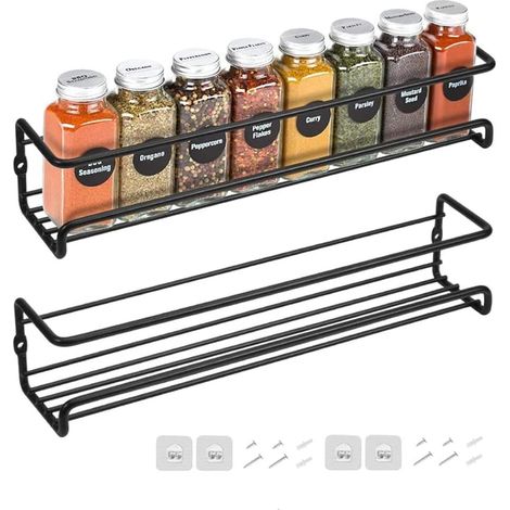 Set of 2 Metal Wall Hanging Spice Racks with Adhesive or Screw Mount Black (1/5)