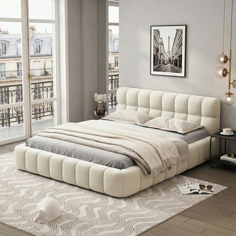 JOOKGBD-Bubble Bett Polsterbett 140x200 cm,Doppelbett mit Lattenrost, Jugendbett mit Gepolstertes Kopfteil, Gepolstertes Bett für Schlafzimmer und Gästezimmer,ohne Matratze, Leinenstoff,Beige