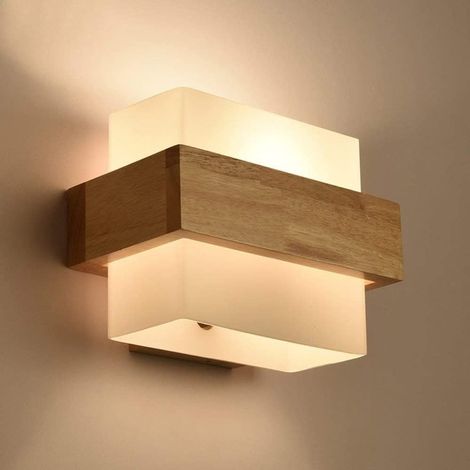Lampe De Chevet en Bois avec Murale Abat-Jour en Verre Rectangulaire, Luminaire Décoratif De Chambre E27, s Murales D'éclairage Créatif Haut Et Bas pour Ferme, Couloir (1/5)