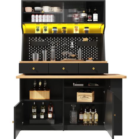 Armoire haute avec bureau et table de bar multifonctionnelle, éclairage LED, portes en verre, noir (1/5)
