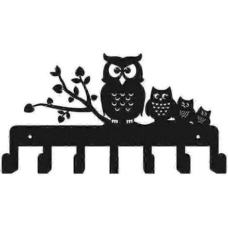 Porte-manteau mural hibou robuste avec porte-clés, couleur noire, 1 pièce (1/5)