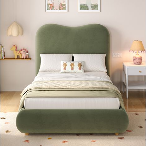 Lit coffre 90x200 cm - Avec tête de lit - Avec sommier à lattes - En velours - Vert - Sans matelas (1/5)