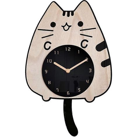 Holzuhr mit Cartoon-Katze mit wedelndem Schwanz – Dekoration für Zuhause, Schlafzimmer, Wohnzimmer oder Büro