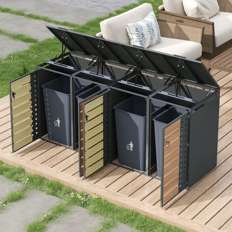 Box 4 bidoni con porte chiudibili, coperchio a ribalta, acciaio zincato grigio/legno OKMYHOME (1/5)