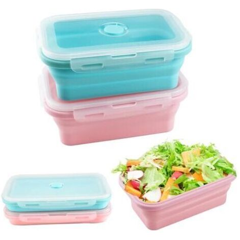 Pièces Boîtes à Déjeuner Pliables, 800ML Récipients Pliables en Silicone avec Couvercles Boîte à Lunch Pliable Anti-Fuite pour Bureau Camping Pique-Nique (Bleu, Rose) (1/4)
