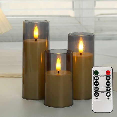 Lot de 3 bougies LED sans flamme de 10 à 15 cm, piliers électriques en verre gris, effet flamme vacillante, fonctionnent sur piles avec télécommande. (1/5)