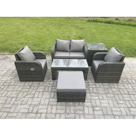 Fimous Rattan Lounge Sofa Set Gartenmöbel-Set mit Rechteckiger Couchtisch 2 Großer Hockern Love Sofa Beistelltisch Dunkelgrau Gemischt (1/5)