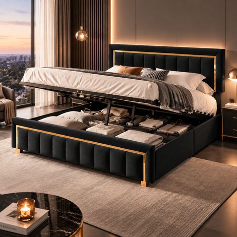 Lit coffre 140x200 cm avec sommier, lit double en velours noir avec rangement hydraulique, tête de lit rembourrée avec finition dorée, design chic pour chambre