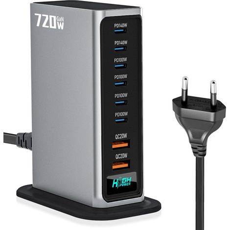 720W USB-C Ladegerät, 8-in-1 GaN Schnellladestation für Laptops, kompatibel mit PD140W, 100W/QC20W (6C + 2A), mit MacBook Pro/Air, iPad, iPhone, HP, Galaxy S25 usw. (1/5)
