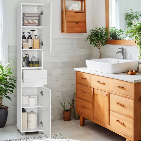 Armoire de Salle de Bain, Meuble de Salle de Bain avec Un Tiroir, Étagères Ajustables, Compartiment Ouvert, 30 x 30 x 170 cm, Blanc (1/5)