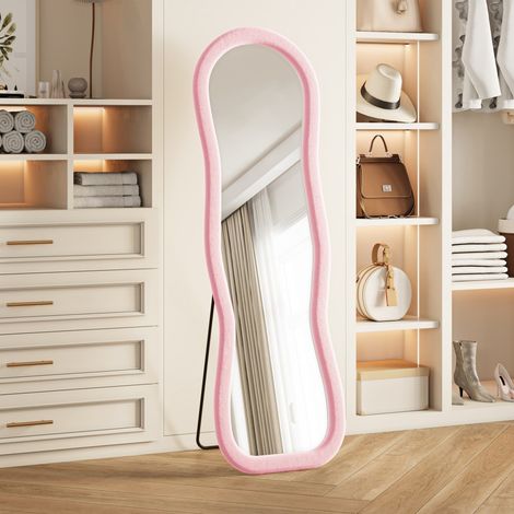 Miroir sur pied ondulé 160x50 cm - Miroir corps entier style romantique avec cadre flanelle - Rose (1/5)