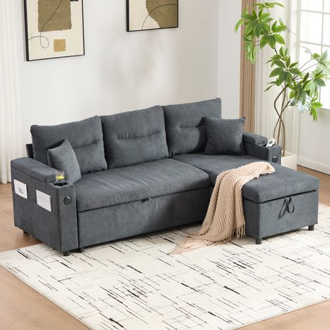 Divano angolare letto da 3 posti in lino grigio scuro con vano portaoggetti, portabicchieri e USB-C (1/5)