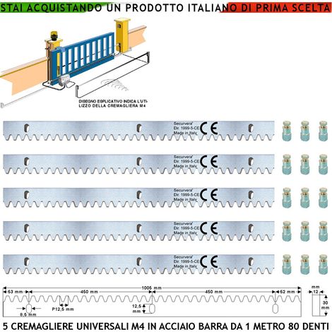 Aste Cremagliera Universale M4 Cinque Barre da 1 MT Con 80 Denti in Acciaio Zincato 12X30 mm Portata 22 Q.li Max 30 Q.li Fissaggio Tre Bulloni Per Metro Ricambio Cancello Scorrevole Giunture Contatto (1/4)