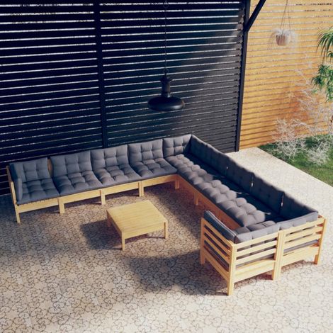 11-tlg. Garten-Lounge-Set mit Grauen Kissen Kiefernholz vidaXL (1/5)