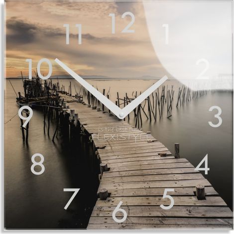 Moderne Wanduhr fürs Wohnzimmer: Sonnenuntergang über der Seebrücke (1/4)