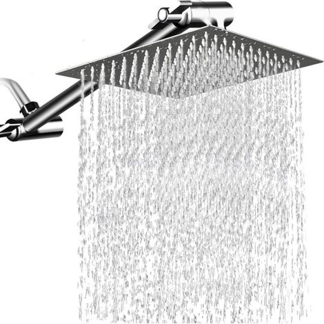 Pommeau douche haute pression effet pluie 30cm (12") avec bras extension 28cm (11") téflon, inox carré chromé, effet cascade couverture complète (1/5)