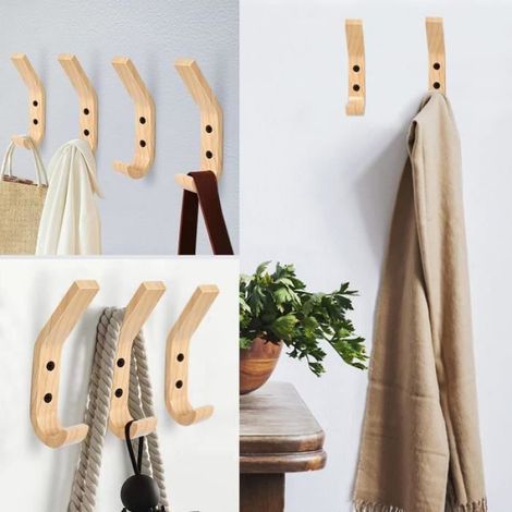 Patère - Lot de 4 Crochets Muraux - Bois Naturel - 15.5cm - Style Contemporain (1/4)