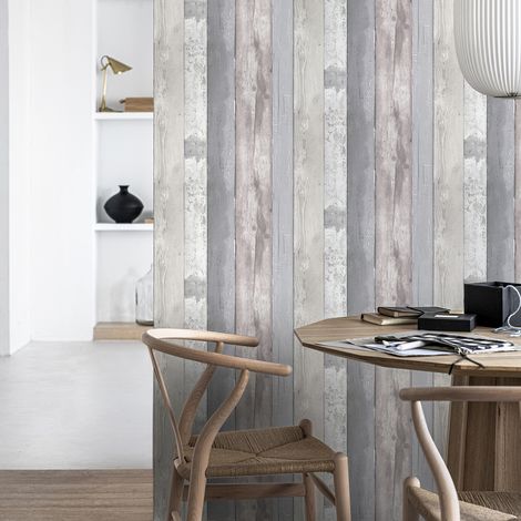 Papier peint intissé motif palissade bois 1005 x 52cm – Beige et gris – Résistant à la lumière – Entretien facile avec éponge humide (1/7)