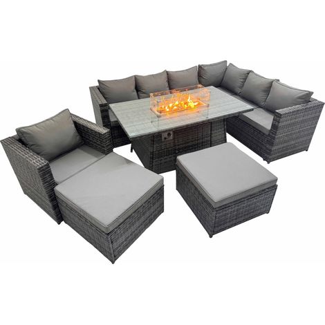 Fimous Garden Rattan Furniture Set 9 Seater Outdoor Corner Sofa Chair Gas Firepit Dining Table Set with 2 Big Stools Dark Grey (1/5)