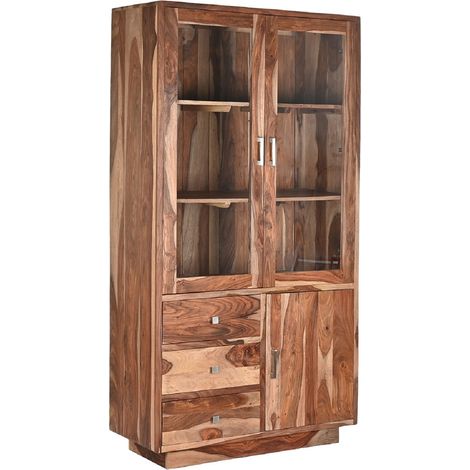Vitrine, armoire vaisselier en bois/verre coloris marron/naturel - Longueur 100 x Profondeur 42 x Hauteur 190 cm -PEGANE- (1/5)