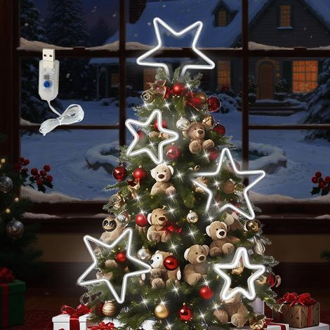 Märchenhafte, sternförmige Lichterkette für den Weihnachtsbaum, 2 m lang, 34 LEDs, 5 Sterne à 27 x 17 cm, mit Timer, 8 Beleuchtungsmodi, USB-Anschluss (1/5)