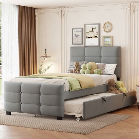 MEUBLIV Bettgestell 90x190 cm Grau – mit Ausziehbett, Kopfteil, ohne Matratze (1/5)