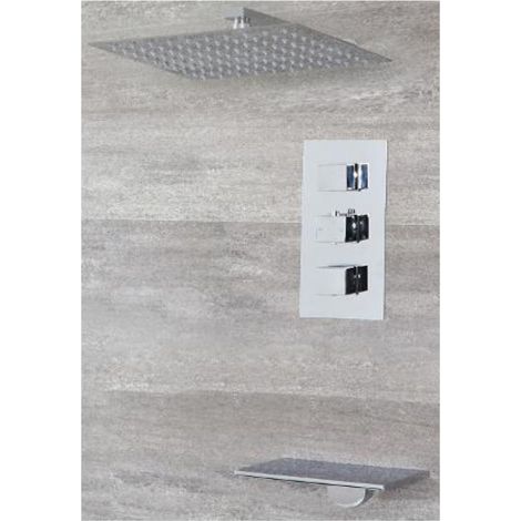 Milano Arvo 2 Outlet Triple Thermostatic Mixer Shower Valve with 300mm Wall Mounted Square Rainfall Shower Head and Waterfall Bath Filler Tap - Chrome (1/4)