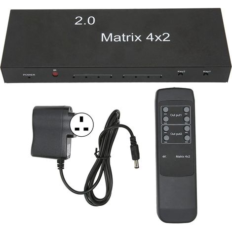 Commutateur HDMI 4 entrées 2 sorties 4K 60Hz avec sortie audio optique 3.5mm, télécommande, répartiteur vidéo 100V-240V prise UK. (1/5)